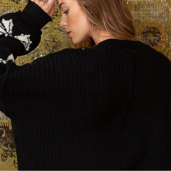 Sold 🔥POL Black holiday bead bowtie rib dolman sleeve sweater Christmas winter - Picture 5 of 6